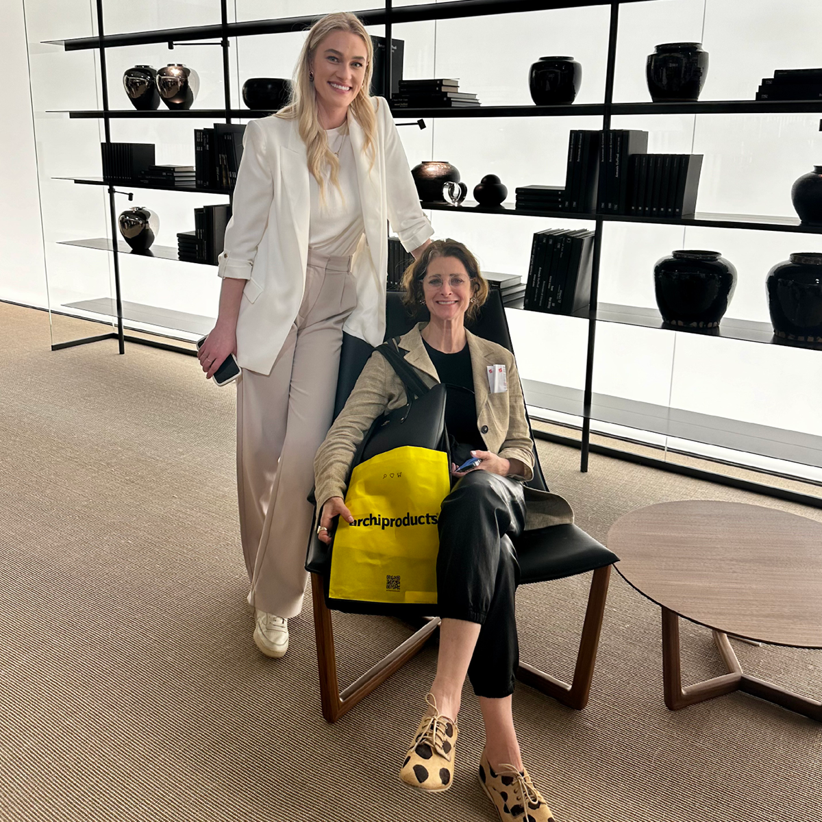 Olivia Kleespies and Susan Okie at a showroom at the Salone Milan